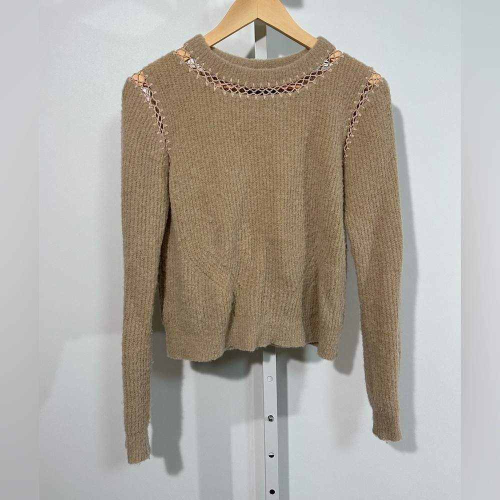 Veda Tan Alpaca Wool Blend Sweater Medium Open Stitch Detail